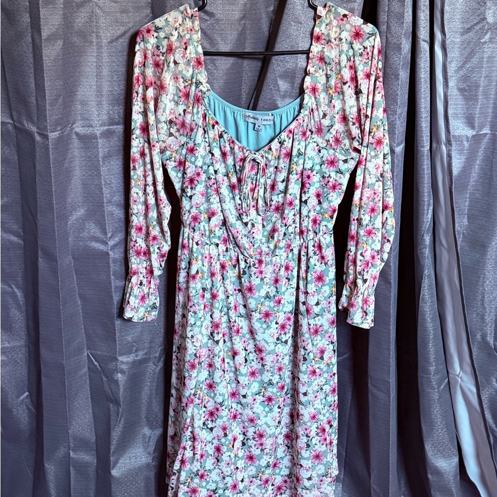 Absolutely Famous Pink and Red Ruched Sundress with Bishop Sleeves